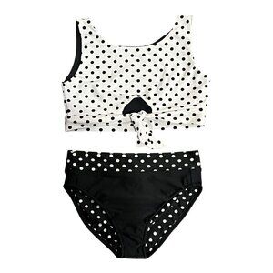 Les Tout Petits Girls Polka Dot Bikini Size 12 Black White Knot Front